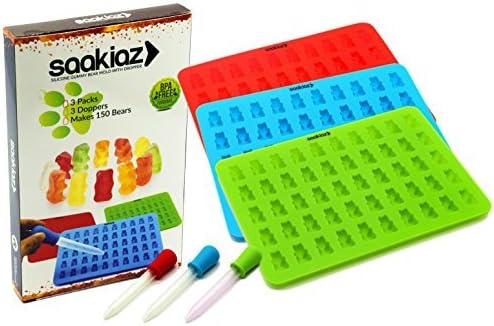 Saakiaz Silicone Gummy Bear Molds - 3 Packs With 3 BONUS DROPPERS- 50 Cavities-Up to 150 Gummy Bear Candy At Once- 3 Colors- 100% FDA Approved, BPA Free, 3, Red, Sky Blue, Green by Saakiaz