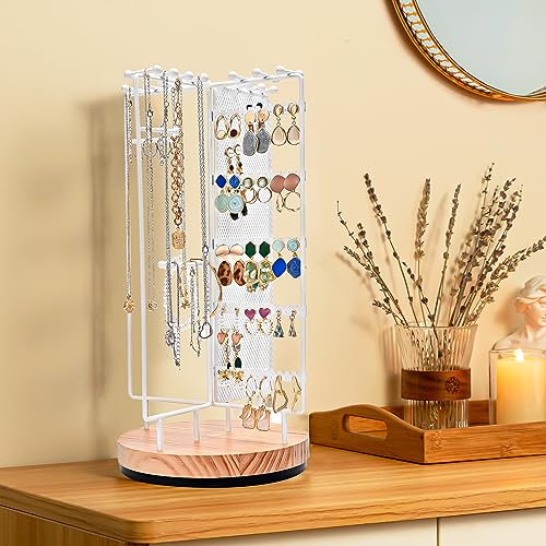 Image of ProCase Rotating Jewelry Organizer Stand Earring Holder Organizer with 28 Necklace Hooks, Jewelry Tree Earring Stand Tower Storage Rack Bracelet Holder, Holds More than 100 Pairs Earrings -White