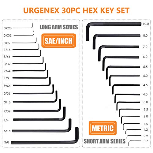 31 PCS Allen Hex Key Wrench Set Torque Rod with Helping T-handle Inch/Metric Long Arm 0.028”- 3/8” Short Arm 0.7-10mm with Portable Case URGENEX