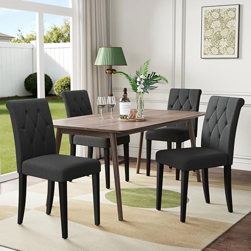 Welzona Upholstered Dining Chairs Set of 4, Button Tufted Parsons Dining Chair with Solid Wood Legs, Modern Fabric Side Chair for Dining Room/Kitchen/Restaurant/Hotel- Black