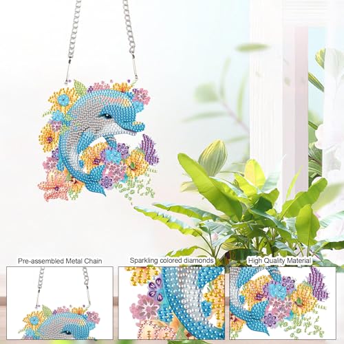 Image of AiYuanzsh Dolphin and Flowers Diamond Painting Hanging Kit - DIY Acrylic Pendant with 5D Special Shaped Rhinestones, Diamond Art Decorative Art Board for Wall, Door or Garden, Handmade Gift
