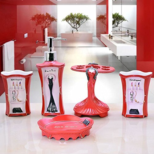 Juego de accesorios de baño de 5 piezas, juego de baño con dispensador de jabón, soporte para cepillo de dientes, vaso y jabonera (rojo)