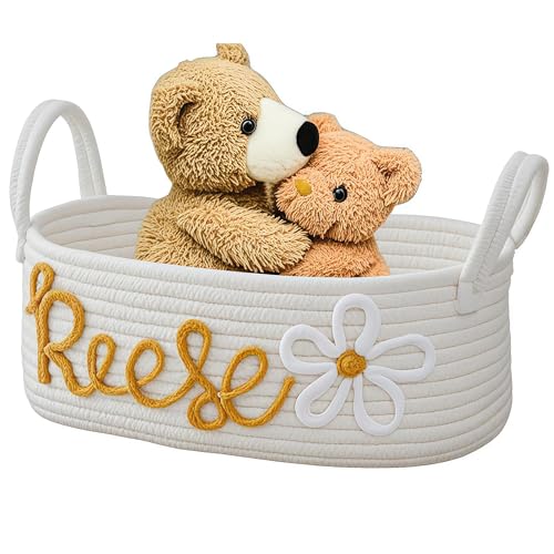 RVUEM Cesta Cuerda AlgodóN Personalizada Cesta con Nombre Bebé Cesta para ArtíCulos Esenciales GuarderíA Regalo CumpleañOs para Baby Shower para Organizador PañAles Dormitorio Infantil,30 * 15 * 9cm