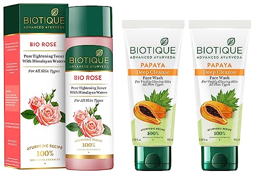 Image of Biotique Papaya Deep Cleanse Face Wash For Visibly Glowing Skin All Skin Types 2x100ml & Biotique Bio Rose Pore Tightening Toner With Himalayan Water For All Skin Type 120 Ml