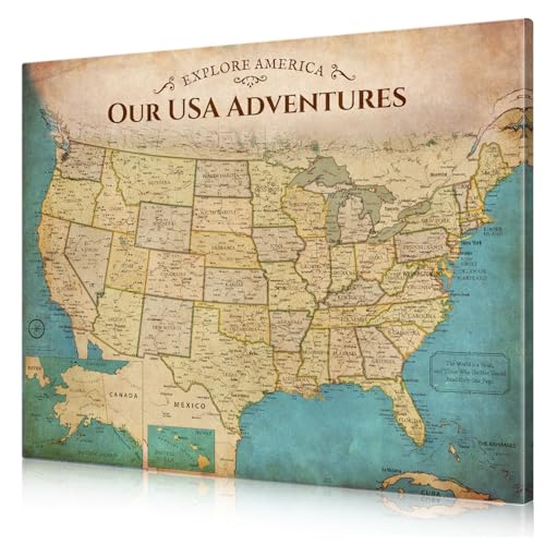 Image of DECORARTS - Large Antique Vintage USA Map Canvas Wall Art, Old United States Maps for Wall, Hand-Stretched Giclee Print, Home Office Statement Piece, Handcrafted in USA, 35x28''