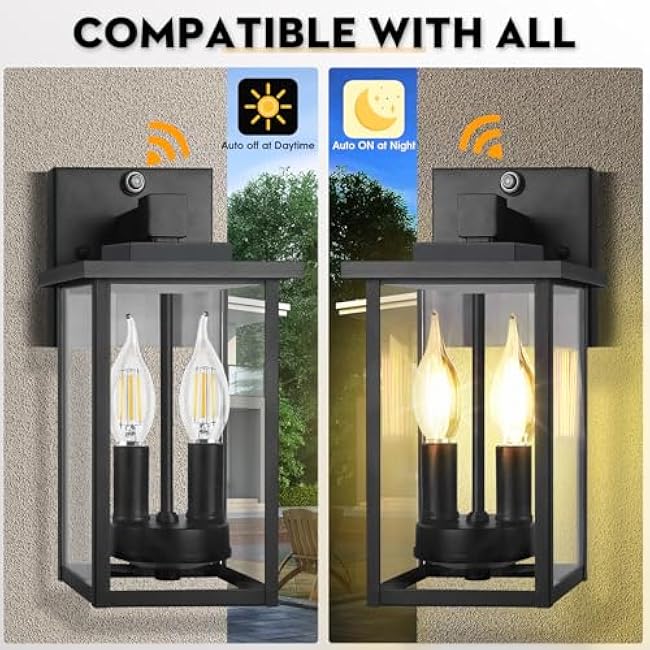 2-Light Dusk to Dawn Outdoor Wall Lights, Waterproof Exterior Lighting Fixtures with Shatterproof Glass, Rustproof Metal Outdoor Sconce Lights for Porch Garage House Exterior