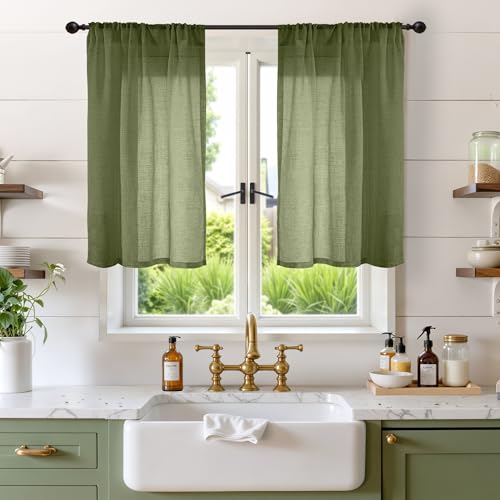 Image of BGment Olive Green Linen Curtains 36 Inches Long for Cafe Kitchen - Small Half Window Drapes Semi Sheer Light Filtering with Rod Pocket Textured Lightweight, 2 Panels Set, Each 30 Inch Wide