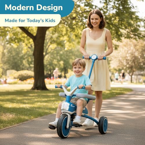 Image of R for Rabbit Tiny Toes Karizma Tricycle for Kids with Light & Music, Parental Control, EVA Wheels, Foldable Footrest, Comfy Seat with Backrest, Baby Trike Cycle for 2-5 Years, Up to 25kg (Blue Grey)