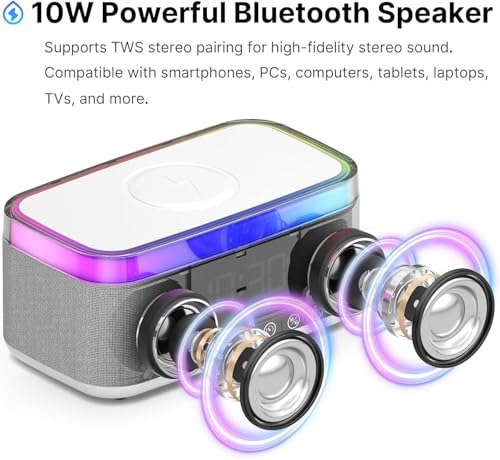 Image of Bluetooth Speaker Alarm Clock with 15W Wireless Charging, RGB Night Light, White Noise Sound Machine, FM Radio, 10W Speaker, Bedside Smart Clock