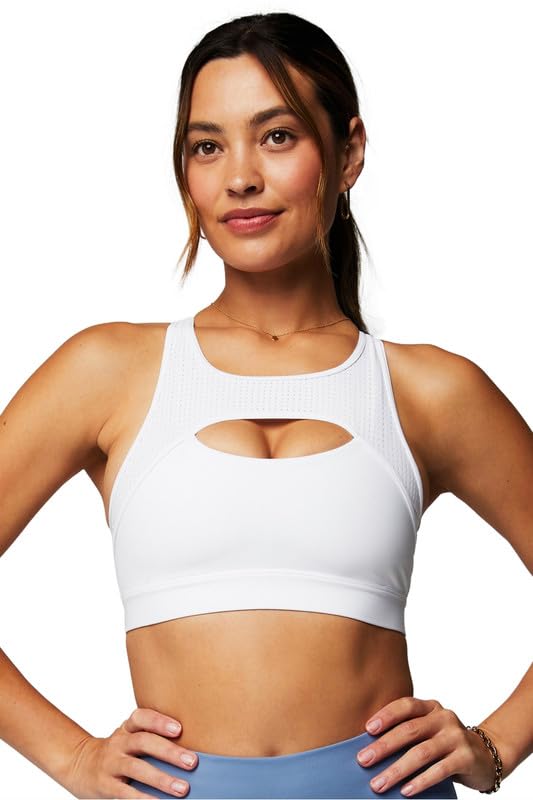 Fabletics Women's Mesh Breathable Medium Impact Sports Bra, Classic White, S