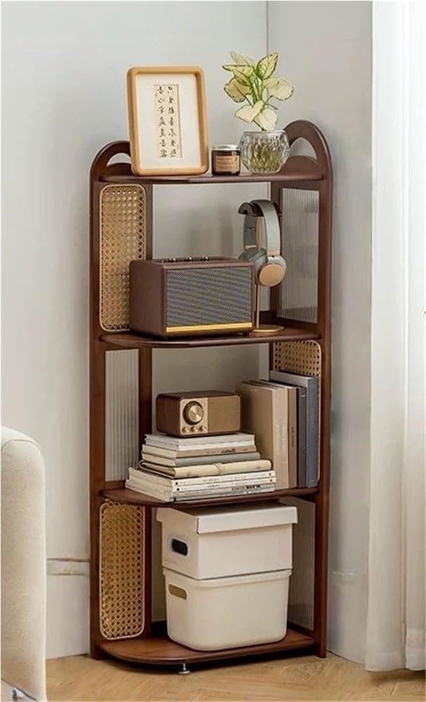 Estantería esquinera de ratán multicapa y madera: mueble organizador para salón