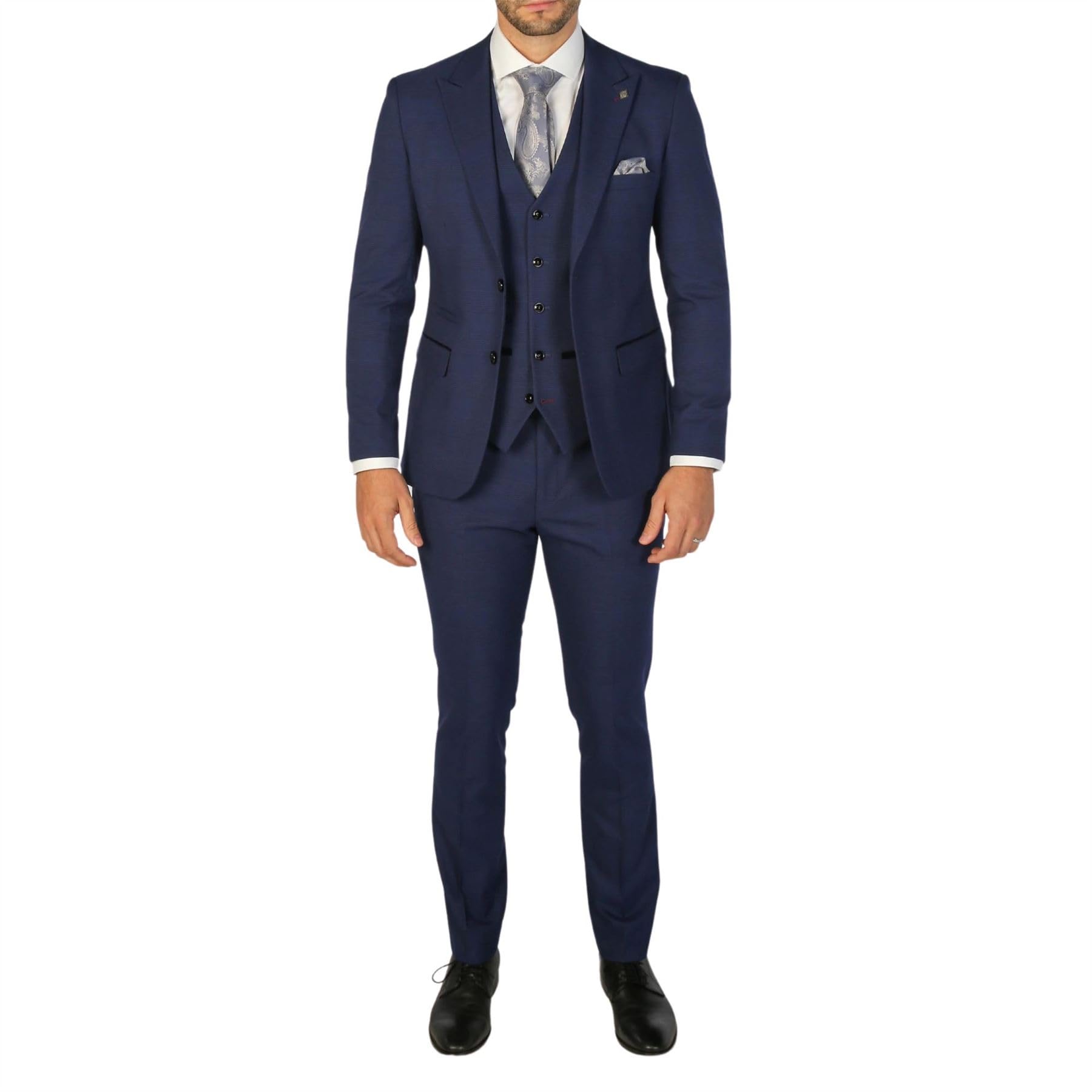 Men's Suit Navy Blue 3 Piece Checked Tailored Fit Formal Dress - Navy 46