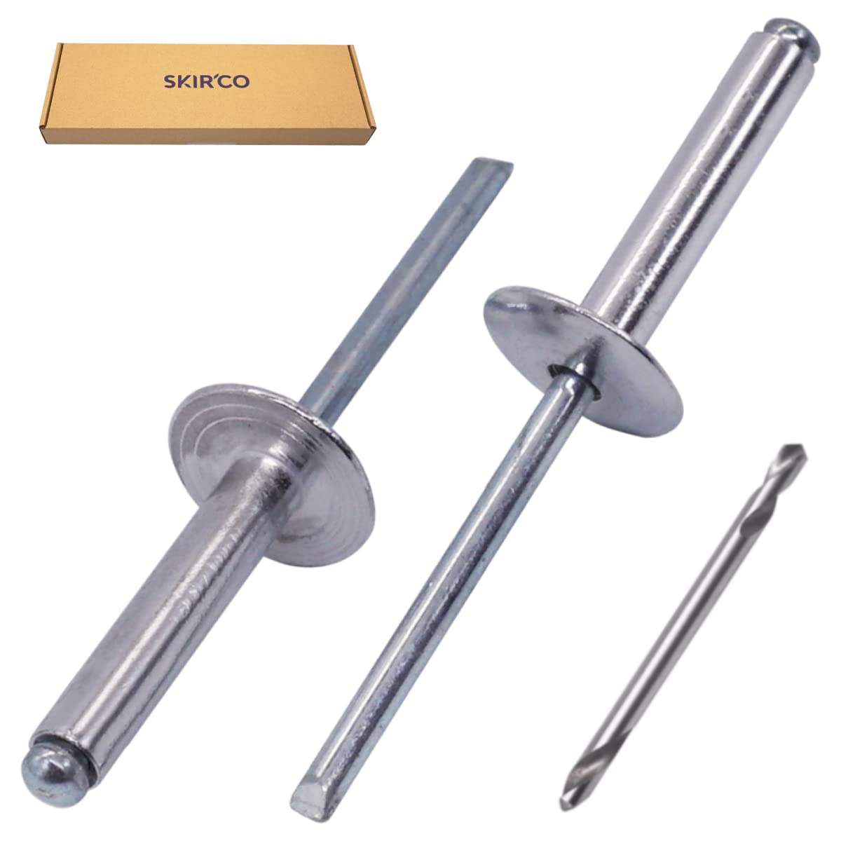SKIR'CO (130 pcs) Large Flange Aluminium Blind Rivets 4.8 x 30 mm, Steel Mandrel, Drill Bit Included - Image 2