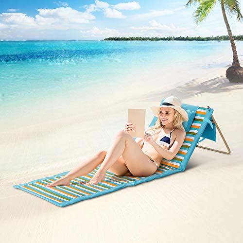 Portable Beach Mat, for The sunbather with Pillow and Removed Bag -Blanket Gift idea (Blue Stripes)