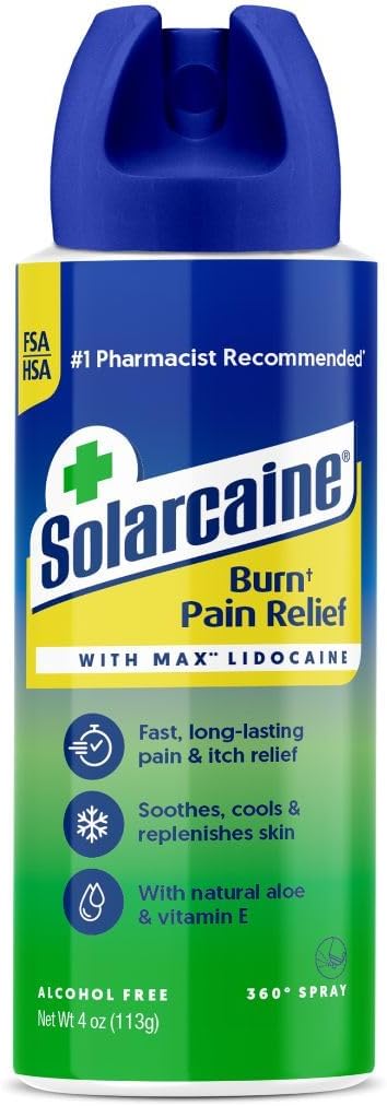 Solarcaine Aloe Sunburn Relief Spray with 4% Lidocaine - After Sun Care Relief for Burns, Scrapes & Itch - Aloe Spray to Soothe, Cool & Replenish Skin - 4oz - Amazon product rated Grade A