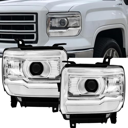 For 2014 2015 2016 2017 2018 GMC Sierra 1500 Headlight Headlamp Assembly Compatible with 2015-2019 GMC Sierra 2500HD 3500HD Head Lights Replacement L+R Chrome Housing Clear w/Bulbs