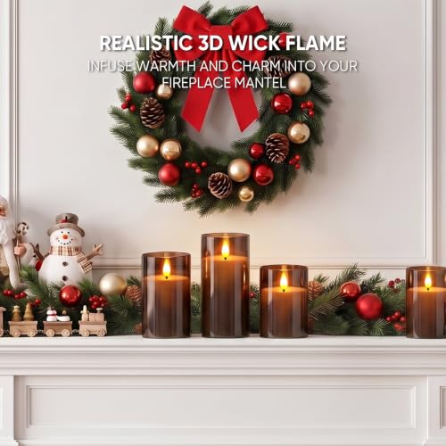 Image of Raycare Battery Operated Flameless Pillar Candles with Remote Timer, Gray | LED Acrylic 3D Flickering Warm Glow for Fall Home Decor, Hotel Spaces, Halloween, Thanksgiving Dinners, Christmas, Set of 3