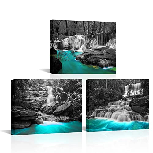 Tiuauit Black And White Waterfall Canvas Wall Art Set Of 3 Pieces Teal Landscape Modern Wall Decor Nature Scince Framed Picture For Bathroom Bedroom Kitchen Decoration Ready To Hang 12"X16"X3Pcs #TOP19