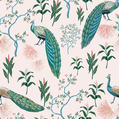 CRE8TIVE Chinoiserie Wallpaper Peacock Peel and Stick Wallpaper Vintage Feather Tree Leaf Removable Wall Paper 12"x118" Self Adhesive Cream White Contact Paper for Bedroom Cabinets Drawer Liners Walls