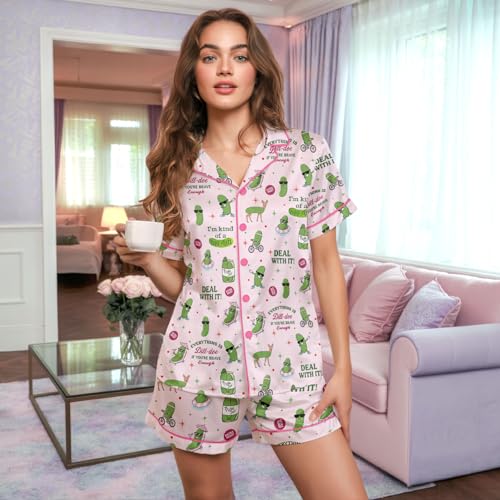 Image of HUNTFAMI Womens Soft Silky Satin Pajamas Set, 2 Pcs Sleep Short Pajamas for Mom and Grandma Button Down Summer Loungewear