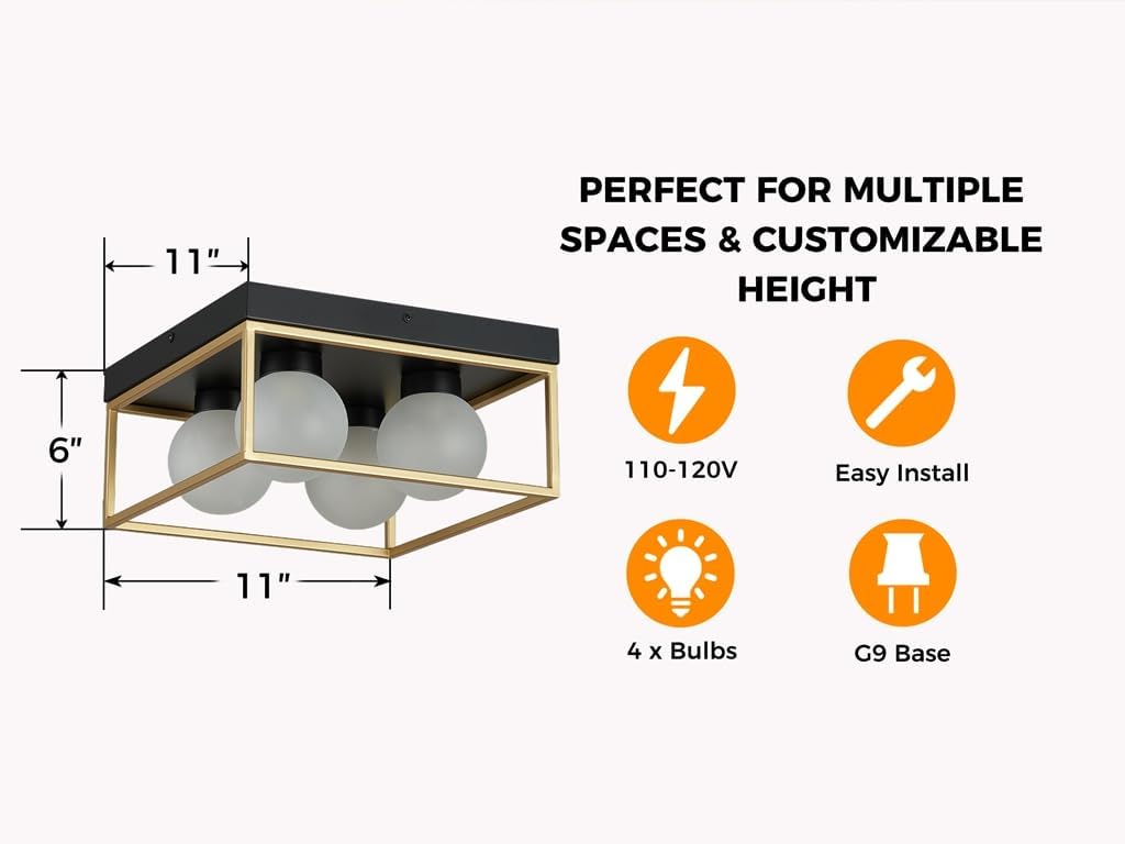 AGV LIGHTING Modern Flush Mount Ceiling Light, Black and Gold Ceiling Light Fixture with 4 Frosted Glass Globes, Semi Flush Mount Ceiling Lamp for Bedroom Kitchen Hallway Entryway