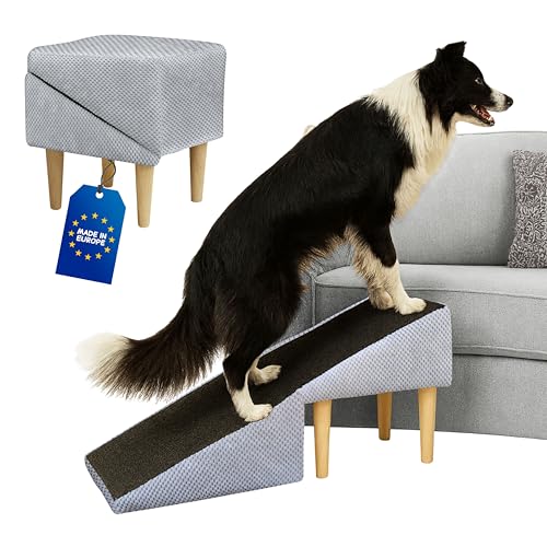 Outentin Hundetreppe Klappbar – Rutschfeste Hunderampe & Weiche Haustiertreppe für Kleine & Große Hunde, Treppe für Sofa & Bett, Stabil & Faltbar, Möbeloptik, 36 cm Hoch – Zuhause & Unterwegs,Hellgrau