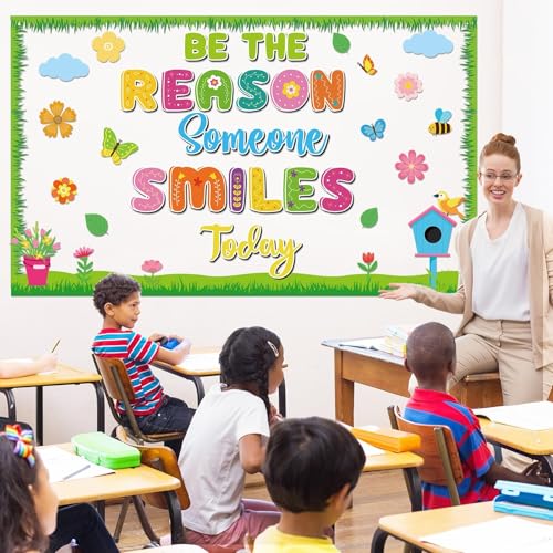 Image of Spring Bulletin Board Decoration Set Spring Classroom Decoration Be The Reason Someone Smile Today Bulletin Board Flower Butterfly Cutouts for Home School Chalkboard Door Wall Decor
