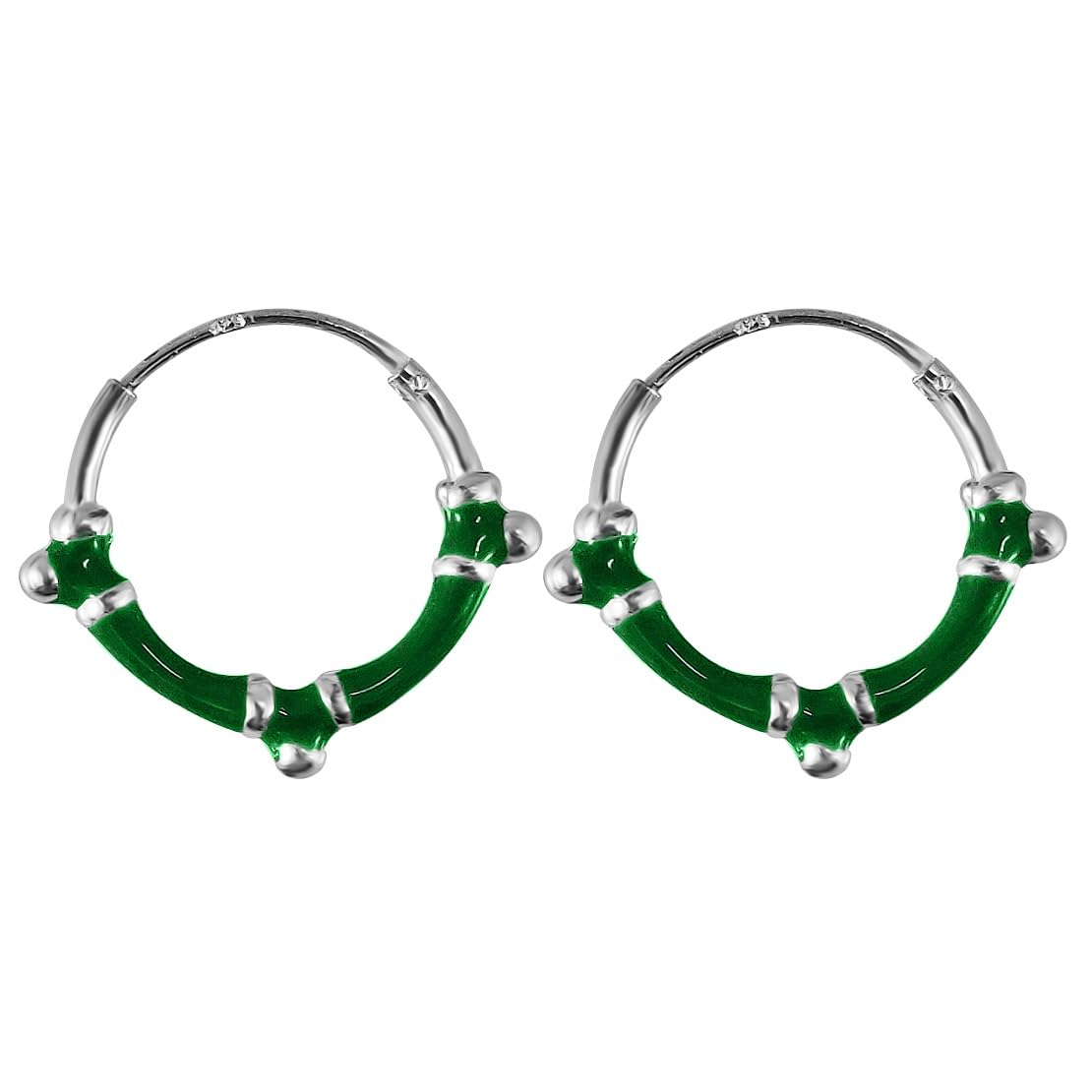 MJ Pure 92.5 Sterling Silver Hallmark Green Enamel Bali Hoop Earrings for Girls/Women