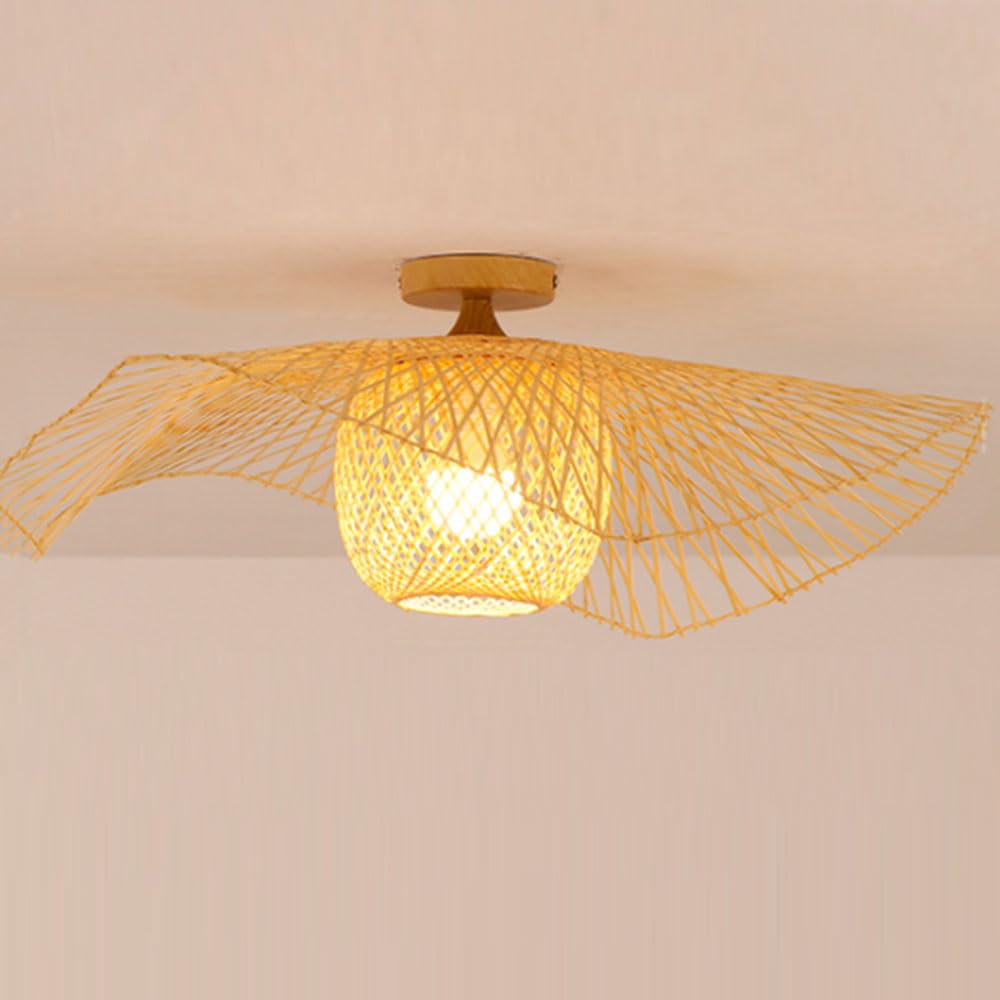 OZBMA Unique Boho Rattan Ceiling Light Fixture 65cm Woven Lighting with Bamboo Shade LED Chandeliers Semi Lamp for Farmhouse Kitchen Entryway Hallway Bedroom Dining Room Foyer (size_name 55cm)