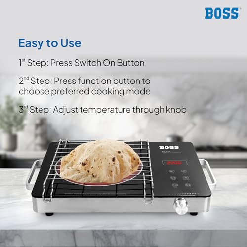 Image of BOSS Flex Infrared Cooktop 2200W | 3 Preset Menus | Grill Stand to BBQ & Roast | Glass & Digital LED Display with Functions | Adjustable Temperature Knob | SS Handle | Auto Cut-Off