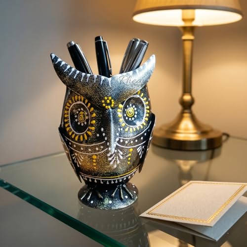 Image of Owl Showpiece Pen Holder Metal Table Decor Item, Antique Finish Bird Figurine for Corporate Bulk Gifting, Desk Organizer & Study Room Decoration (10x5x17 CM)