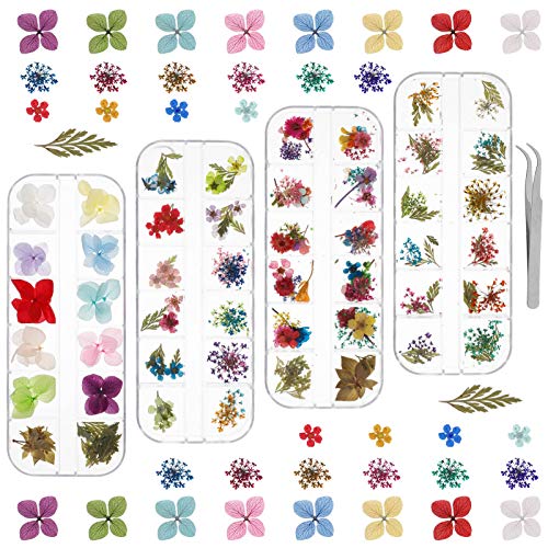 Firtink 144 Stücke Nagel Getrocknete Blume, 4 Box 3D Nägel Kunst Trocken Blumen mit Pinzette Blumen Nagelkunst Aufkleber…