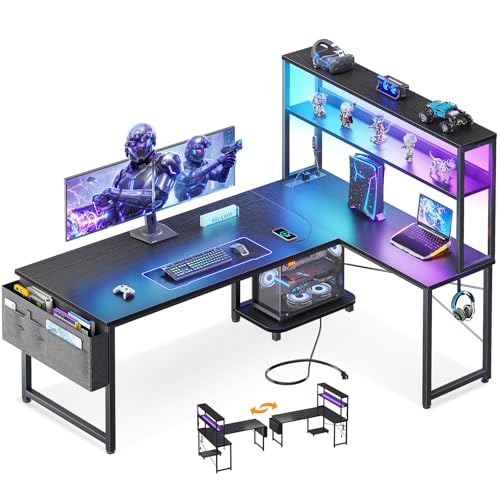 ODK 53' L Shaped Gaming Desk with Shelves, LED & Outlets, Black