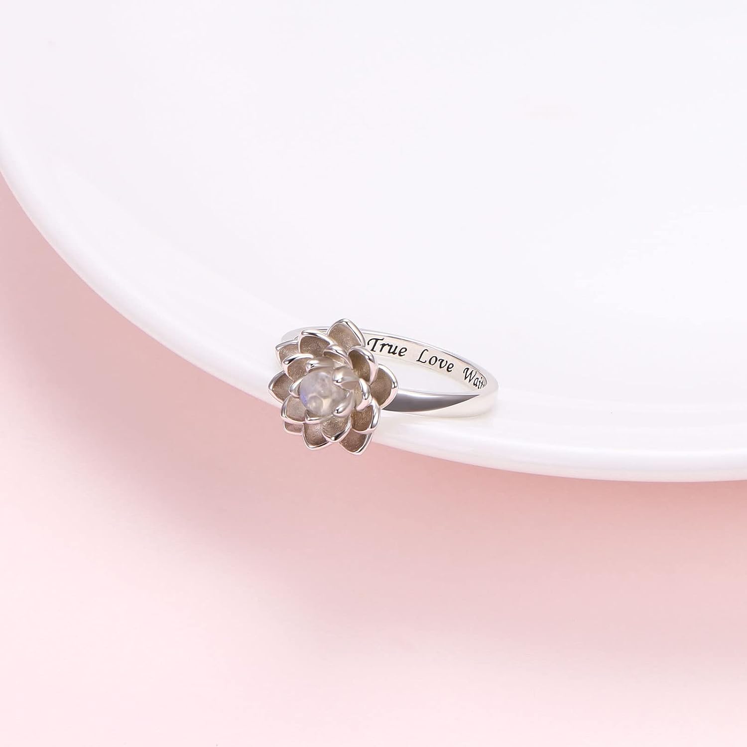 Moonstone Lotus Jewelry Set 925 Sterling Silver Lotus Flower Ring Engraved True Love Waits Natural Healing Buddha Spiritual Yoga Lotus Jewelry Set Gifts for Women