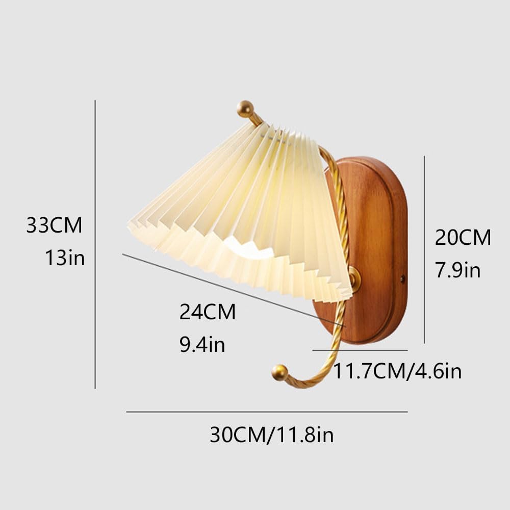 Affittuario amichevole paralume in tessuto plissettato vintage braccio dritto lampada da parete a 1 luce applique da parete in rame con filo metallico lampada da comodino in legno