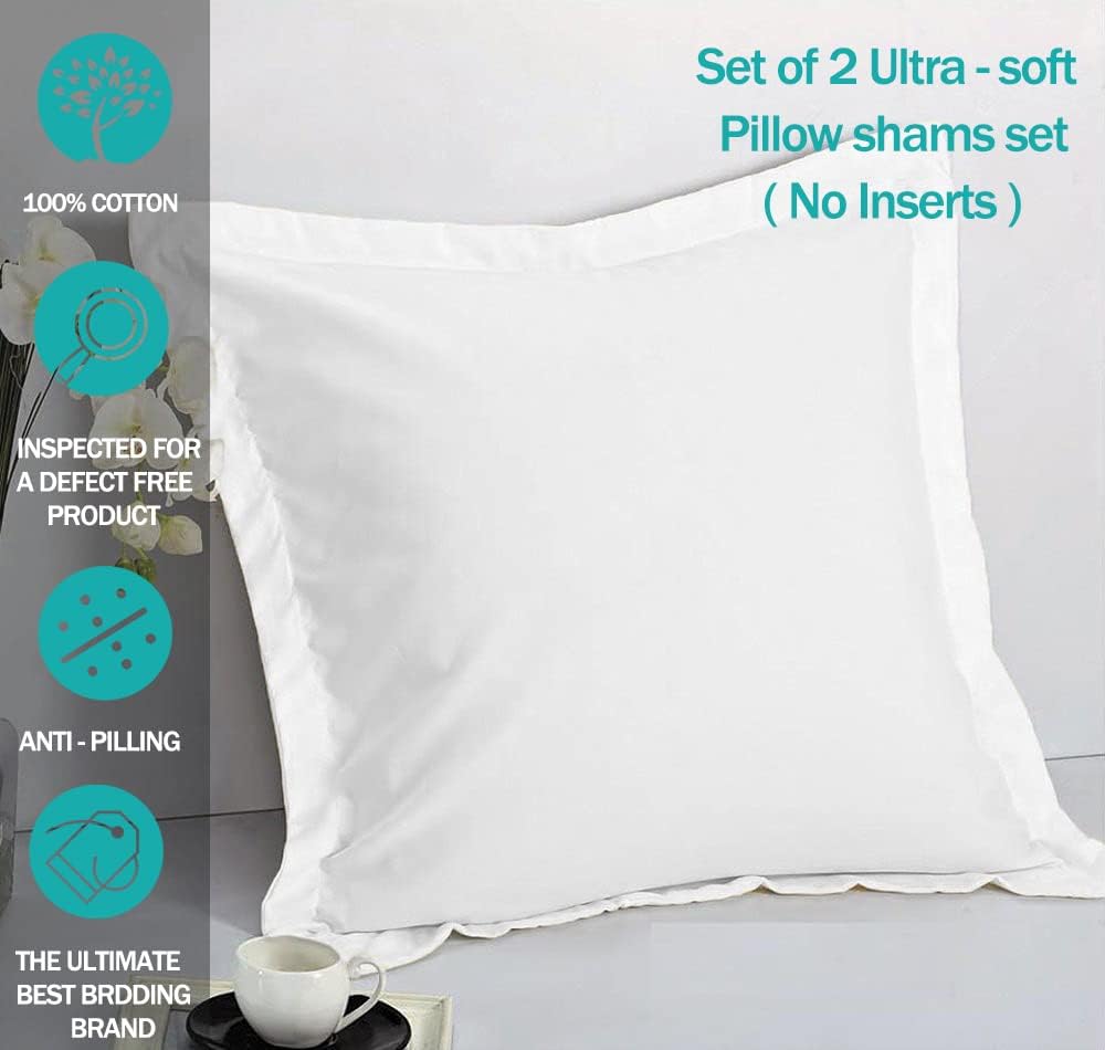 100% Egyptian Cotton Pillowcase, 26x26 Inches, Pillow Shams for Bedroom, Hotel, Home Decor Soft and Breathable, Stitch Wrinkle Free Cushion Throw Pillow Cover (White, European, 2 Piece)