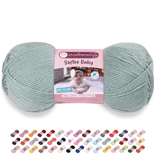 Image of Makromecity Softee Baby Yarn,%100 Premium Anti-Pilling Acrylic, 3.5 Oz, 273 yd (100gr /250 mt), Crepe Green Soft Yarn for Crocheting and Knitting (Crepe Green, 1 Skein)