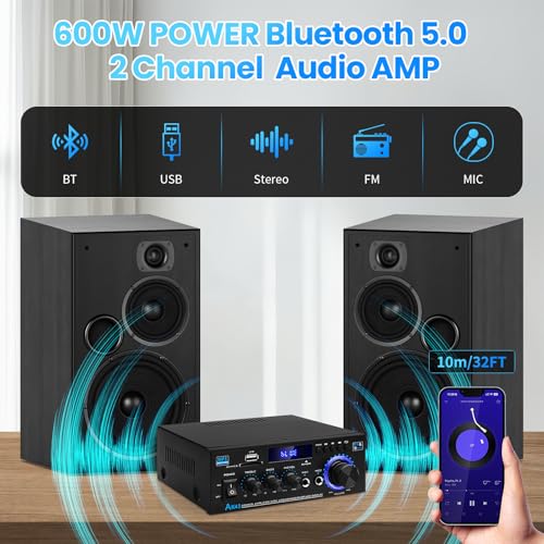 Image of AK45 Bluetooth 5.0 Power Amplifier 2.0CH 40W x 2 Output Max 400W Subwoofer Hi-Fi Audio Amplifier Stereo Amp Receiver for Home Theater and Car Speaker W /Mic USB FM Radio