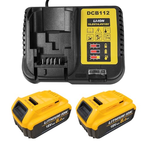 2 Pack 8.0AH Replacement for Dewalt battery 18V,with charger & LED Indicator,Replacement for DCB184 DCB182 DCB180 DCB200 DCB184 battery for power tools