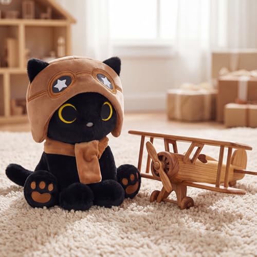 Image of Cat Plush Toy - Black Cat with Removable Aviator Hat, 8 inch Cute Stuffed Animal Pilot Gifts for Kids & Adults, Soft Aviator Kitten Toy Birthday Gift for Boys,Girls