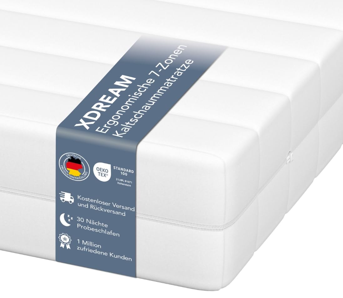 XDREAM Pure 7-Zonen Matratze 180x200 cm | H3 (Härtegrad 3) weich | Ergonomische Kaltschaummatratze | Hypoallergen & Antibakteriell | Bezug abnehmbar & waschbar | Öko-TEX® | (11cm, 180 x 200 cm)