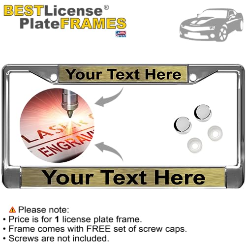 Image of Custom Personalized Chrome-Plated Metal Laser Engraved Standard Size - Car /Automobile License Plate Frame with Free caps - Gold /Black Text (Qty: 1 Frame)