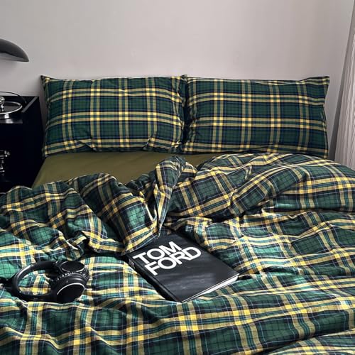 Image of MKXI Twin Size Forest Green & Mustard Yellow Plaid Duvet Cover Set, 3 Piece All Season Washed Cotton Bedding, Vintage Preppy Style Rustic Outdoor Bed Set with Zipper Closure & Corner Ties
