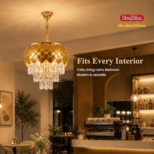 Image of Desidiya Golden Crystal Chandelier 400MM 3-Tier LED Ceiling Light | Luxury pineapple-inspired golden chandelier with premium K9 crystal droplets for elegant modern interiors.