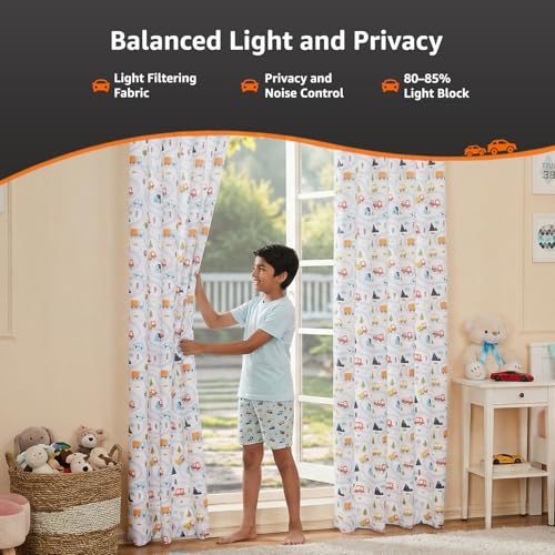 Image of Amazon Basics - Kids Room Darkening Digital Printed Door Curtains, 80-85% Room Darkening | 7 Feet |Set of 2| Digital Print | Kids Curtain |for Living Room and Bedroom | 115cmx 210cm, Design-Car