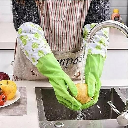 Image of GDNK Reusable Rubber Latex PVC Flock lined Long Sleeves elbow length Hand Gloves for Kitchen Dish-Washing, Cleaning Gloves (Pack of 2) (Silicon + Cotton (Multicolor))
