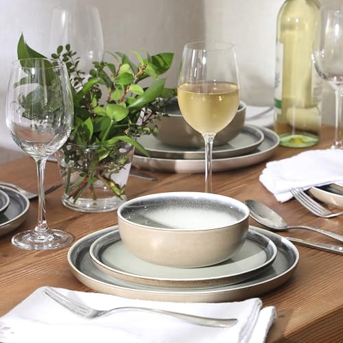 Image of Gibson Elite Island Bay 12-Piece New Bone China Dinnerware Set Service for 4, Reactive Glaze Plates and Bowls, Dishwasher and Microwave Safe, Black and Cream