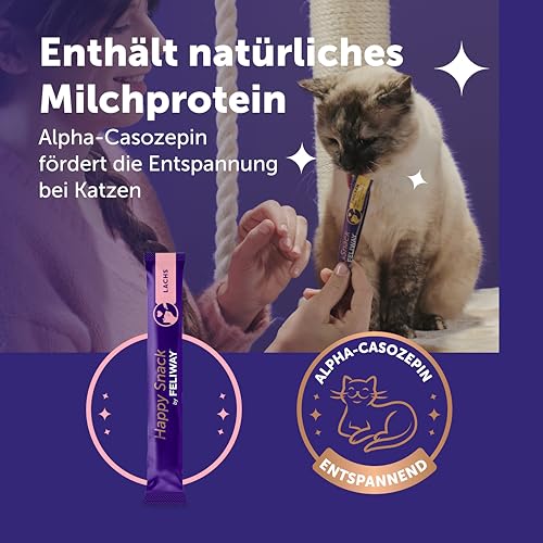 Happy Snack by FELIWAY, Lachs Geschmack, leckerer, beruhigender Leckerbissen, 6 cremige Snacksticks - Hilft Katzen, Sich enspannter zu fühlen, Entspannung zum Snacken
