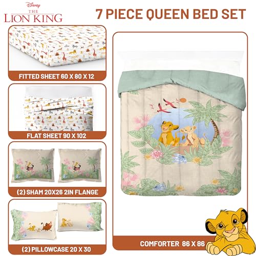 Image of Disney Lion King Simba Queen Comforter Set 7 Piece Kids Bedding, Multi | Safari Animal, Comforter Sheets Shams Pillowcases, Official Brand, Soft Microfiber, Machine Washable, Easy Care, Kids Gift