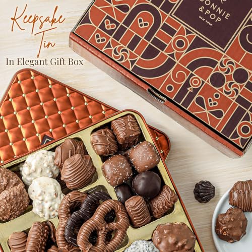 Image of Christmas Chocolate Gift Basket- Holiday Candy Gift Box with Assorted Milk, Dark & White Chocolates - Holiday Food Gift Idea for Men, Women, Family, Corporate- Bonnie & Pop Christmas Style
